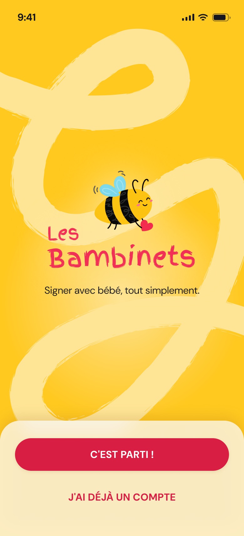 The Les Bambinets app screens: launch, onboarding, home, glossary, quiz, FAQ and profile