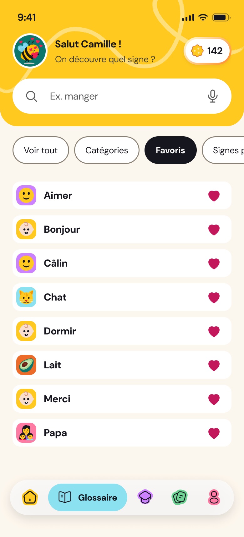 The Les Bambinets app screens: launch, onboarding, home, glossary, quiz, FAQ and profile