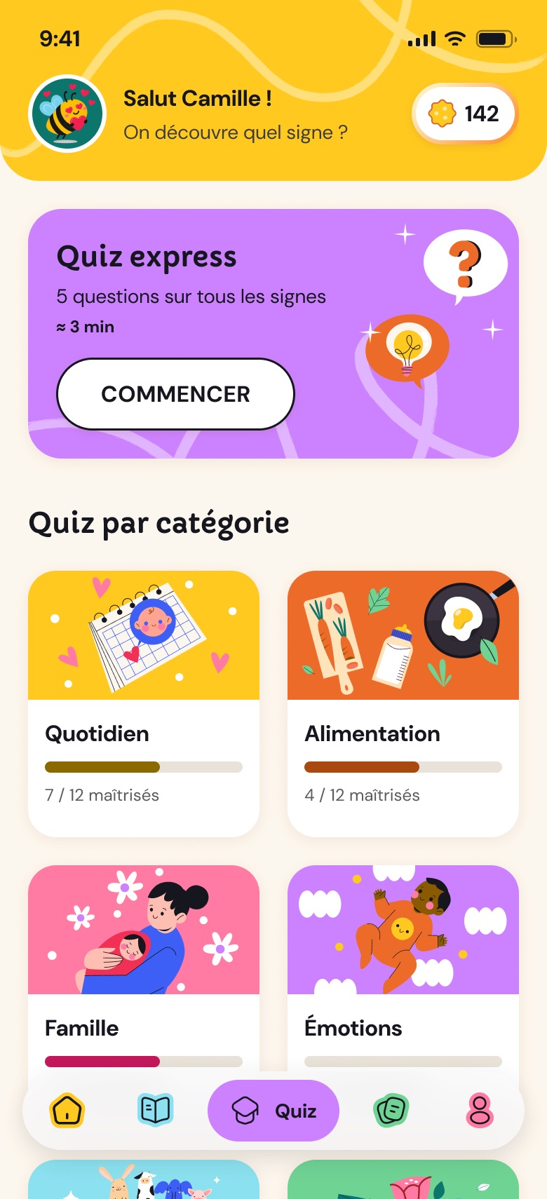 The Les Bambinets app screens: launch, onboarding, home, glossary, quiz, FAQ and profile