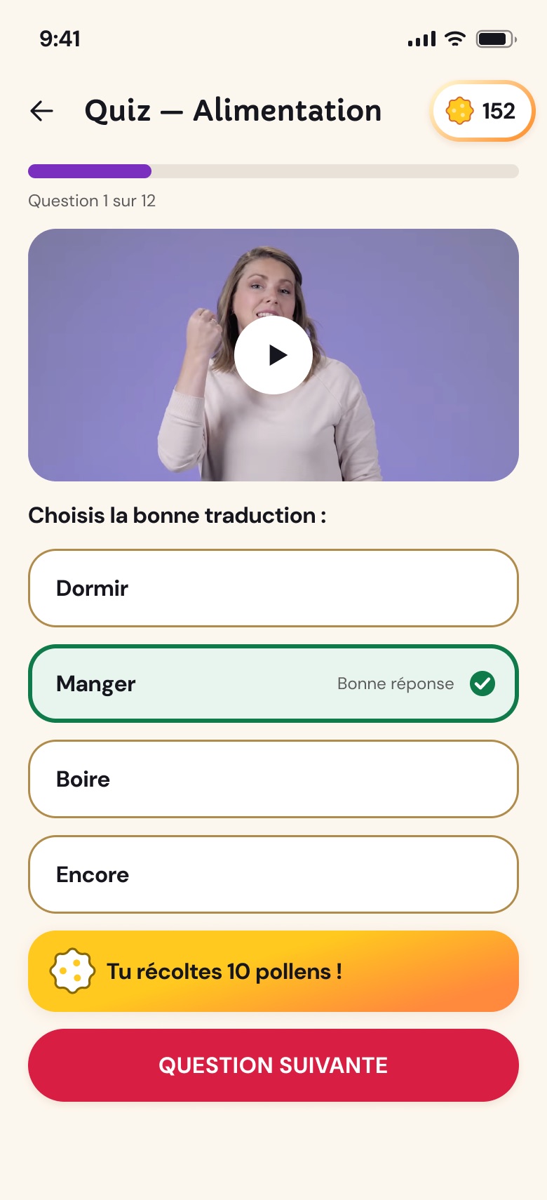 The Les Bambinets app screens: launch, onboarding, home, glossary, quiz, FAQ and profile