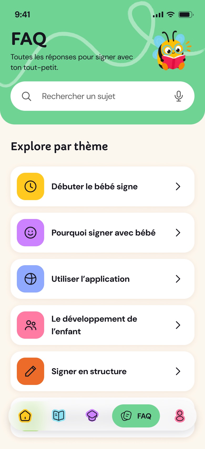 The Les Bambinets app screens: launch, onboarding, home, glossary, quiz, FAQ and profile