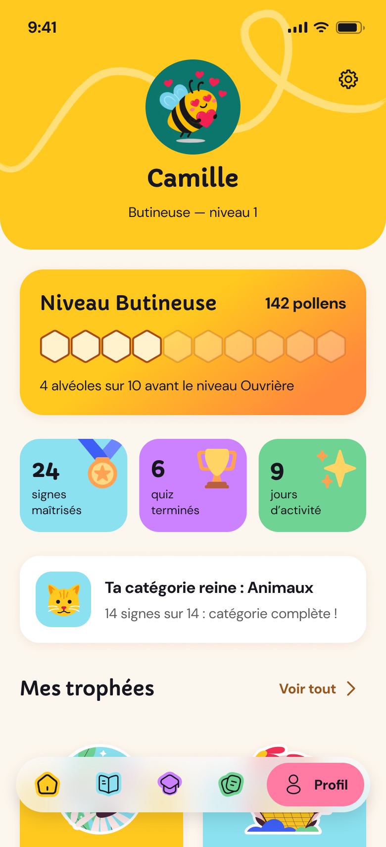 The Les Bambinets app screens: launch, onboarding, home, glossary, quiz, FAQ and profile