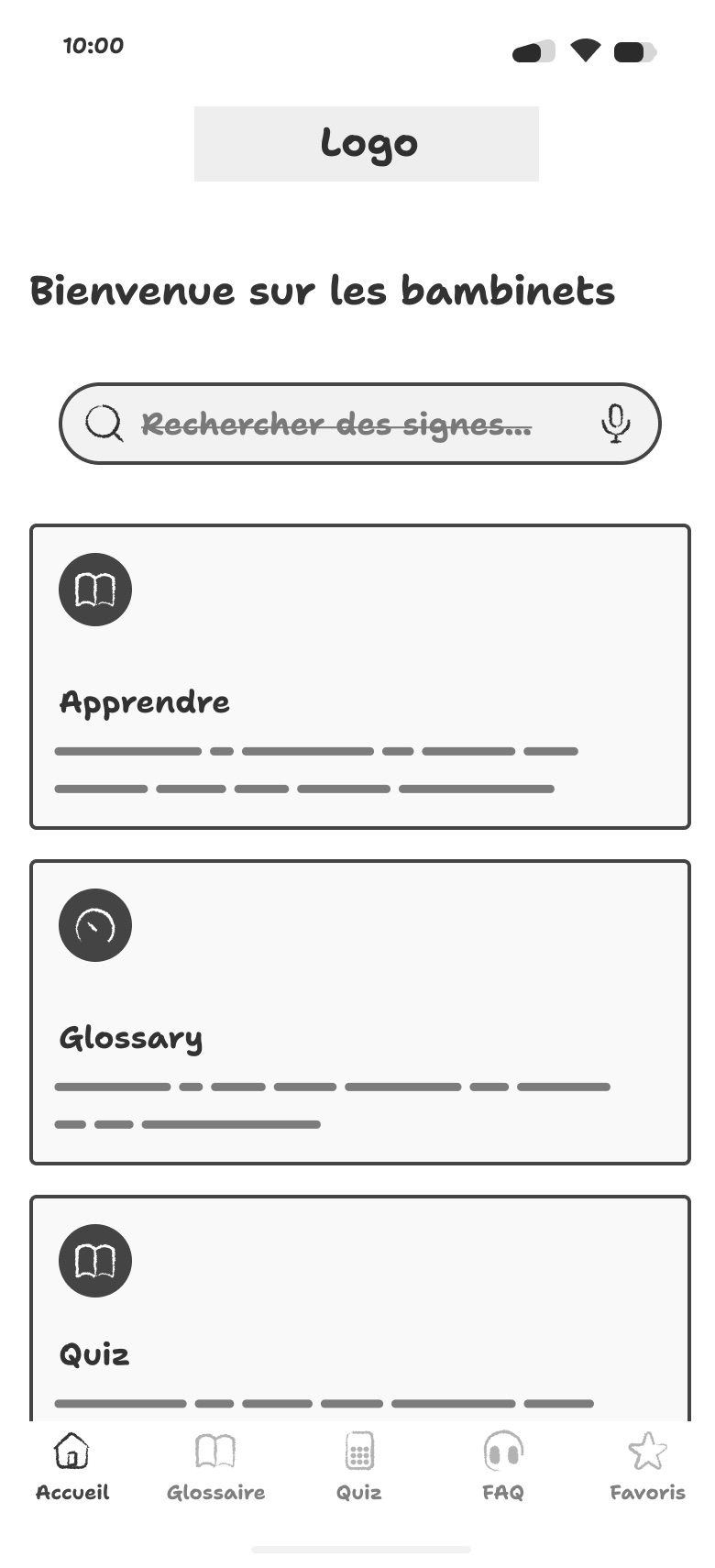 Starting wireframe of the home screen, in black and white