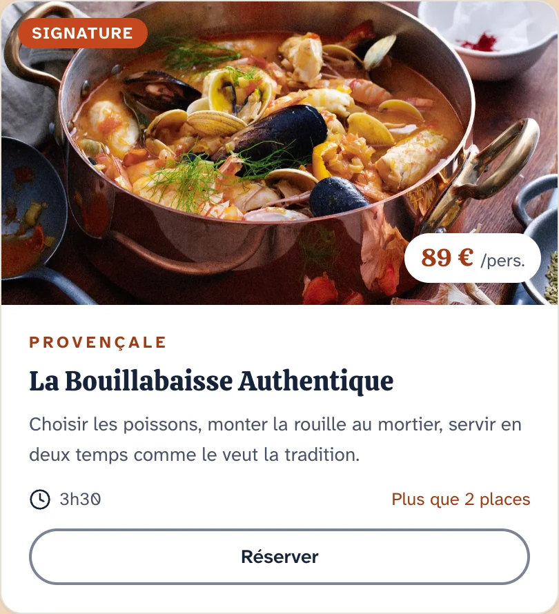 Components of the coded website: class card, session row and chef card