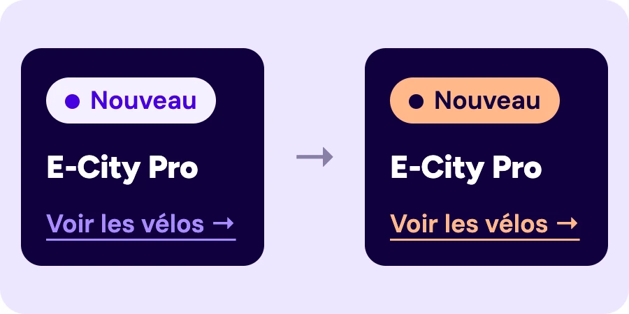 Avant, badge et lien violets sur bleu nuit ; après, badge et lien abricot