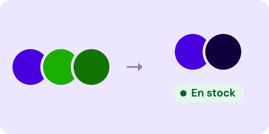 Avant, violet et deux verts ; après, violet et bleu nuit, le vert seulement pour le badge En stock
