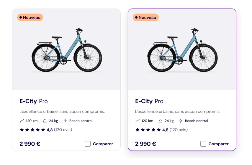 Le composant Product Card : photo de profil, nom, accroche, autonomie, poids et moteur, note, prix final et case Comparer, au repos et au survol