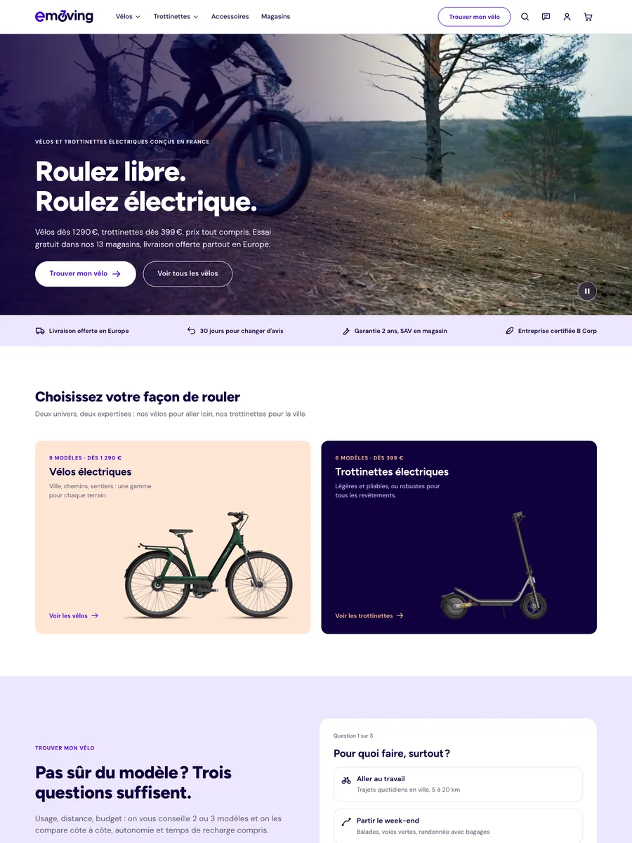 Accueil du site codé Emoving : vidéo en tête avec le nouveau logo, univers vélos et trottinettes, puis « Trouver mon vélo »