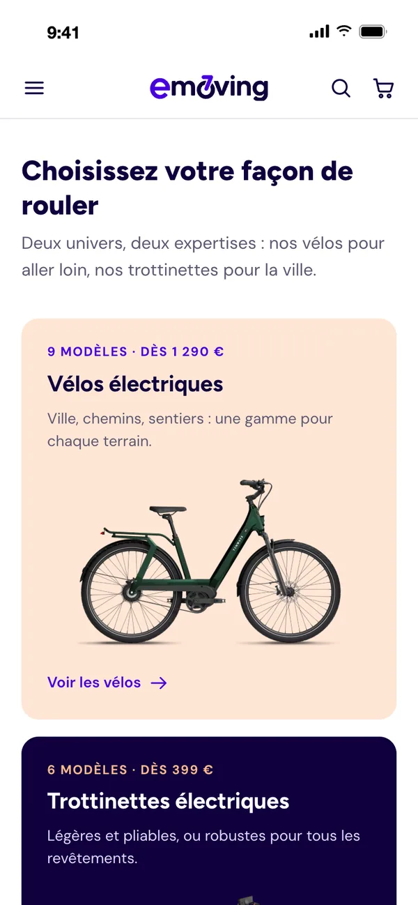 L'accueil sur mobile : Vélos électriques et Trottinettes électriques, deux univers séparés