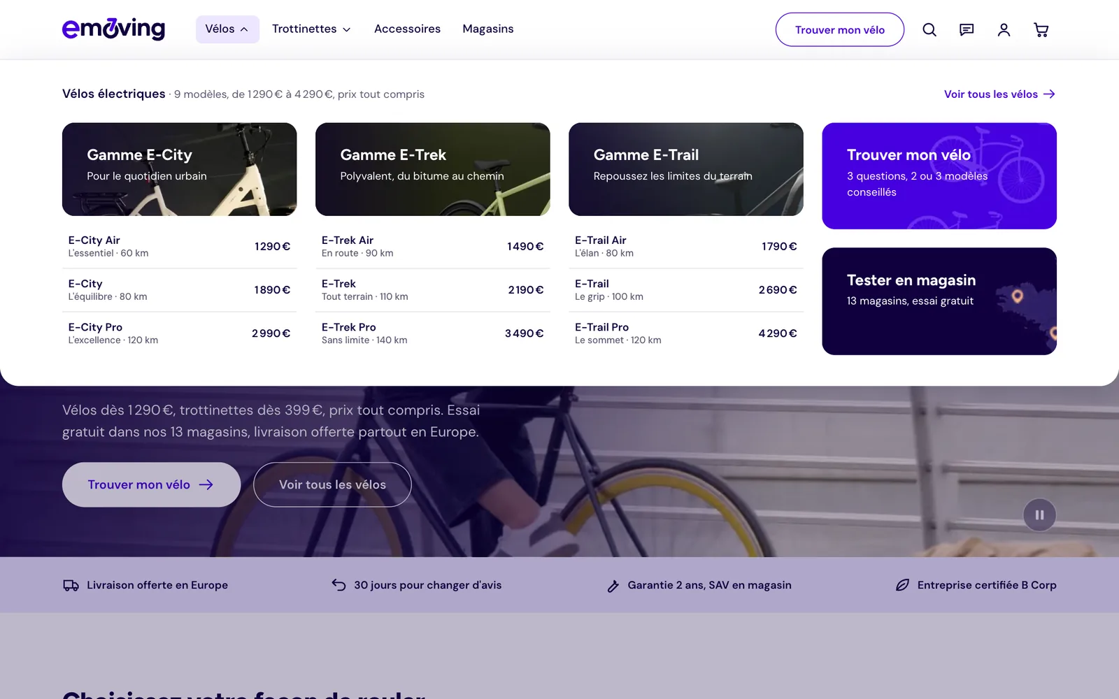 Le méga-menu Vélos ouvert sur l'accueil du site : trois gammes, leurs modèles et leurs prix, et deux raccourcis, Trouver mon vélo et Tester en magasin
