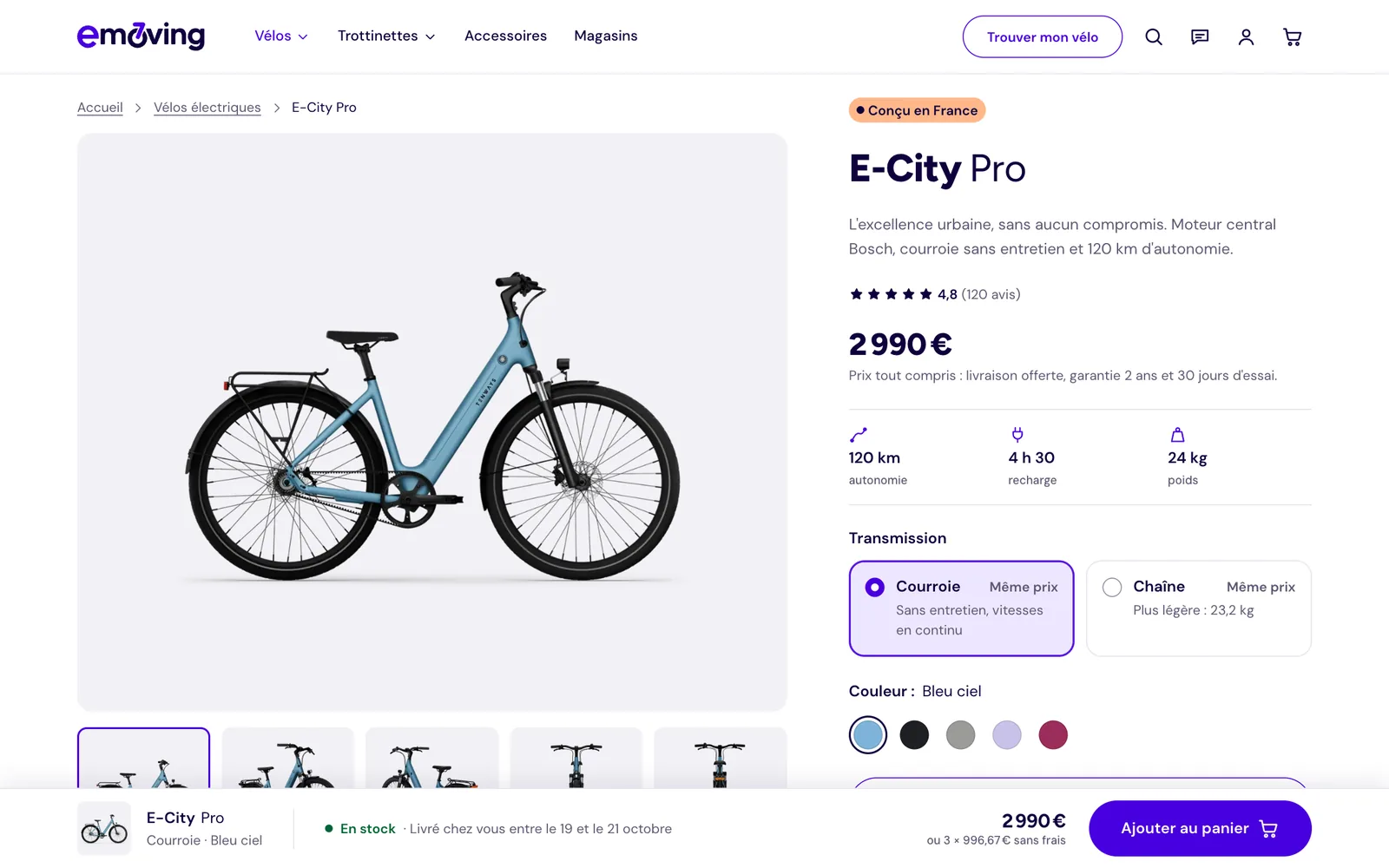 La fiche de l'E-City Pro : prix final de 2 990 €, autonomie, recharge et poids, choix de la transmission et de la couleur, barre d'achat fixe en bas de l'écran