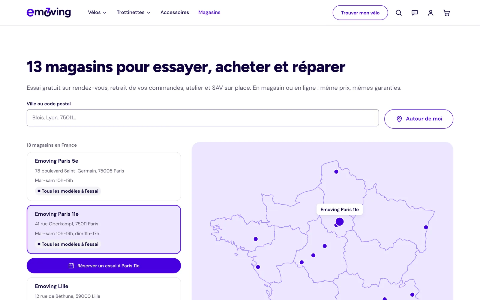 La page Magasins : recherche par ville, liste des 13 magasins et carte de France, avec un bouton pour réserver un essai