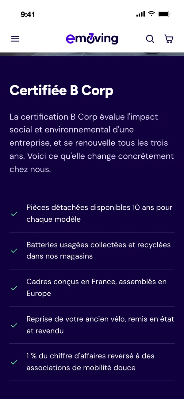 Le bloc Certifiée B Corp sur mobile