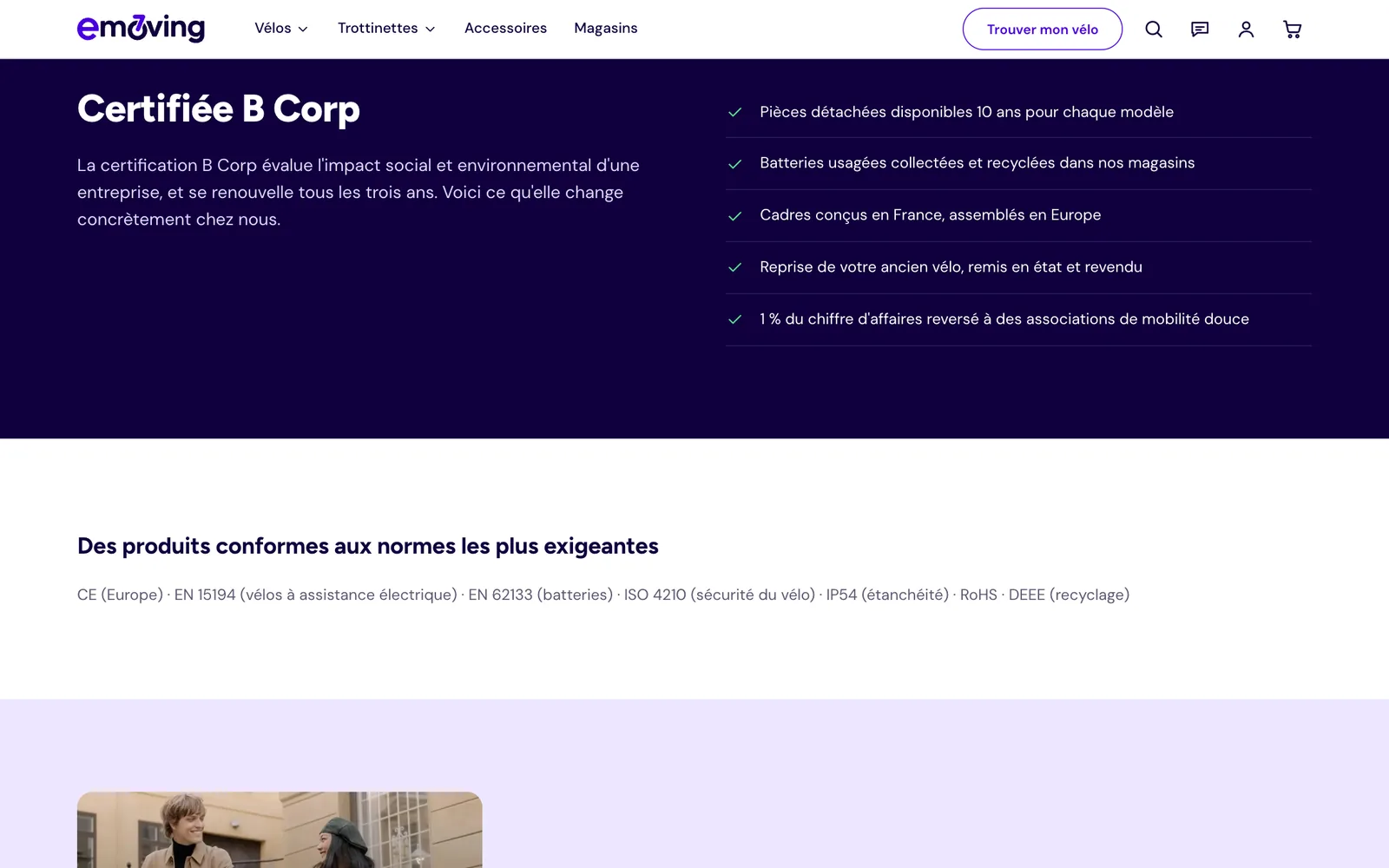 La page À propos : le bloc Certifiée B Corp et la liste des engagements de la marque