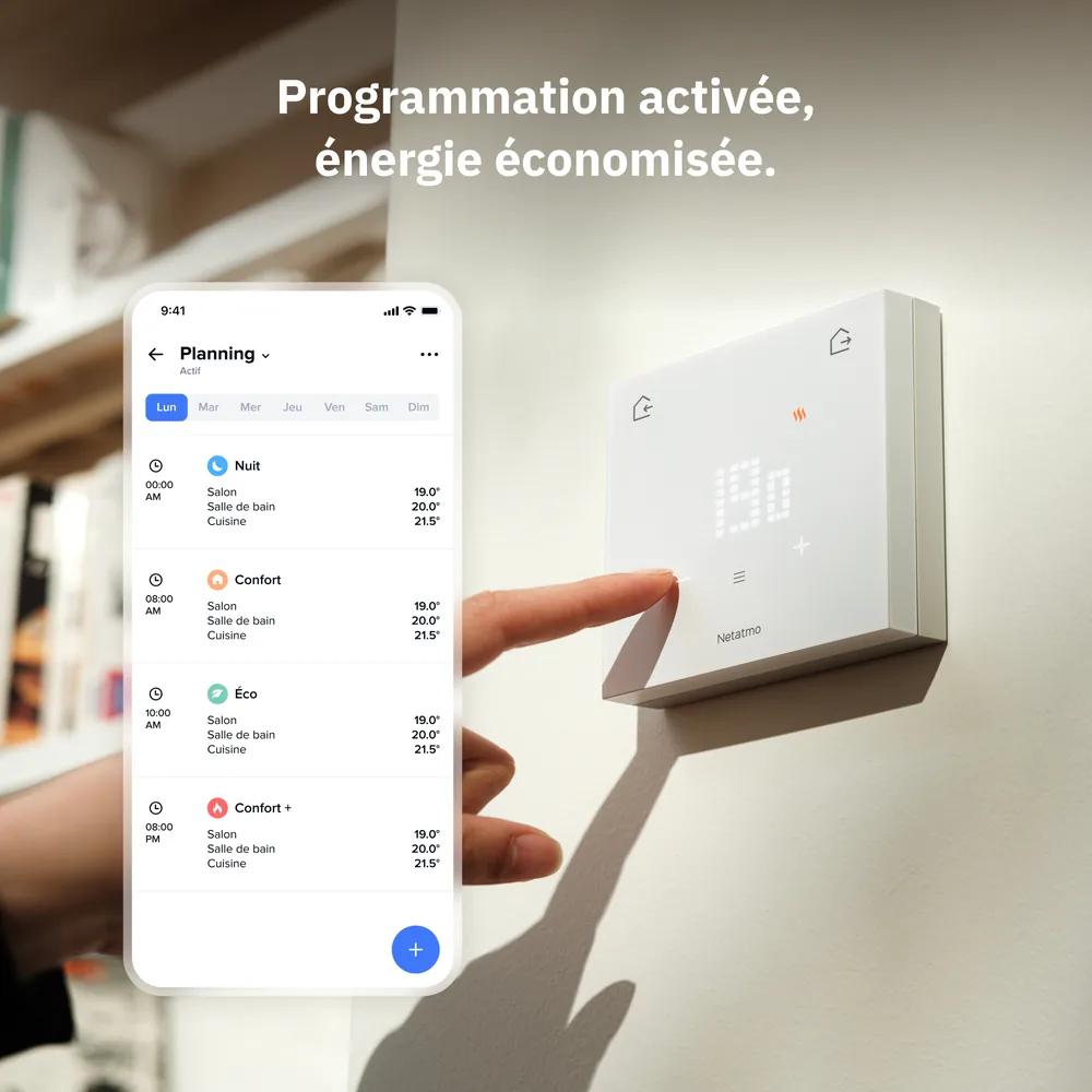 Visuel e-shop « Programmation activée, énergie économisée » avec l'écran de planning de l'app