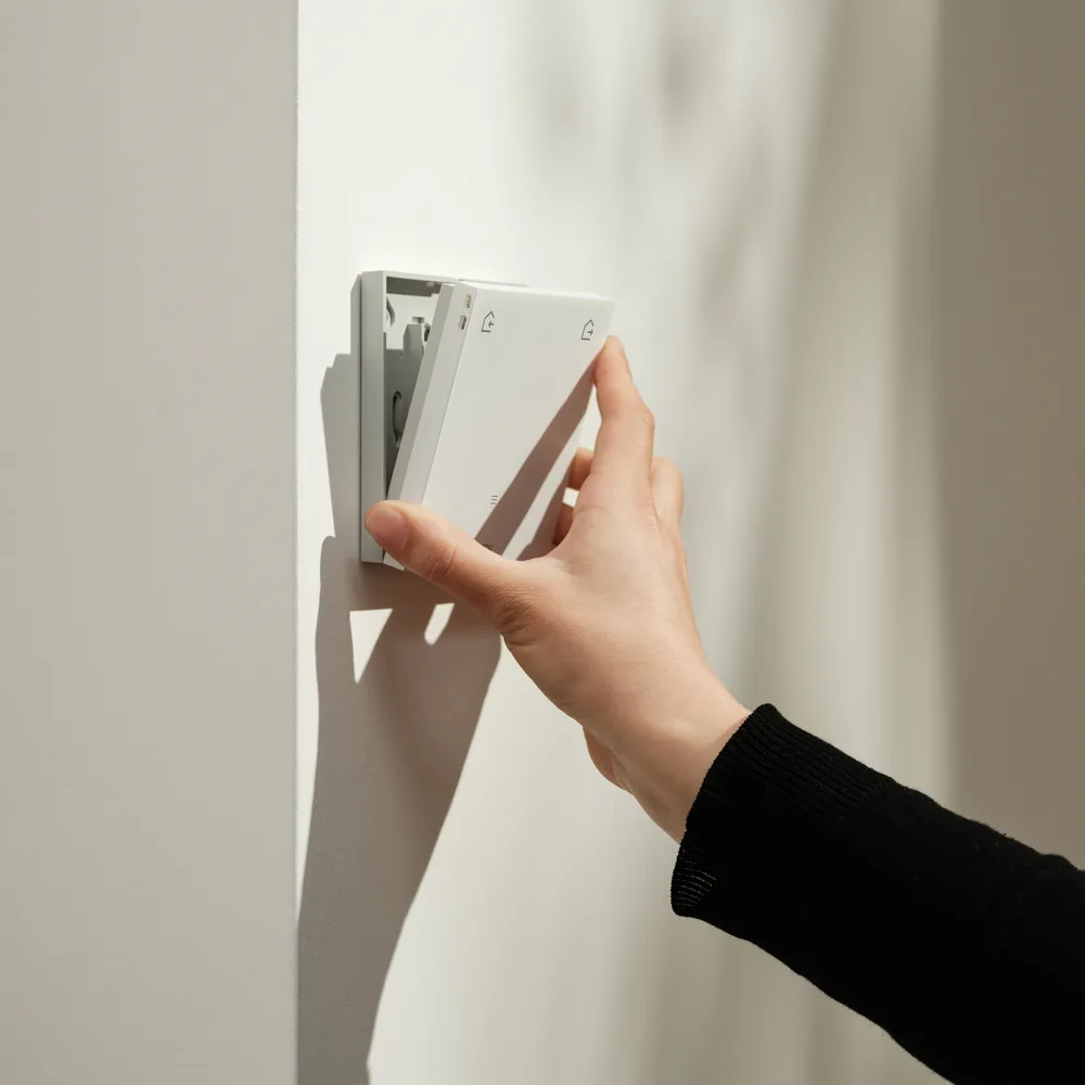 Une main fixe le thermostat sur sa plaque murale
