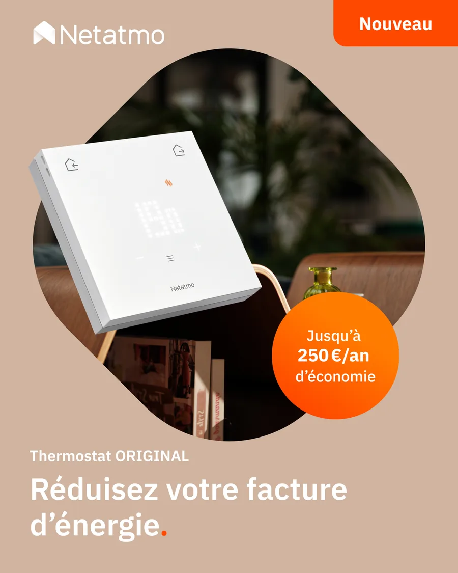 Publicité Meta du Thermostat ORIGINAL : fond beige, photo du thermostat dans une forme arrondie, pastille orange « Jusqu'à 250 €/an d'économie »