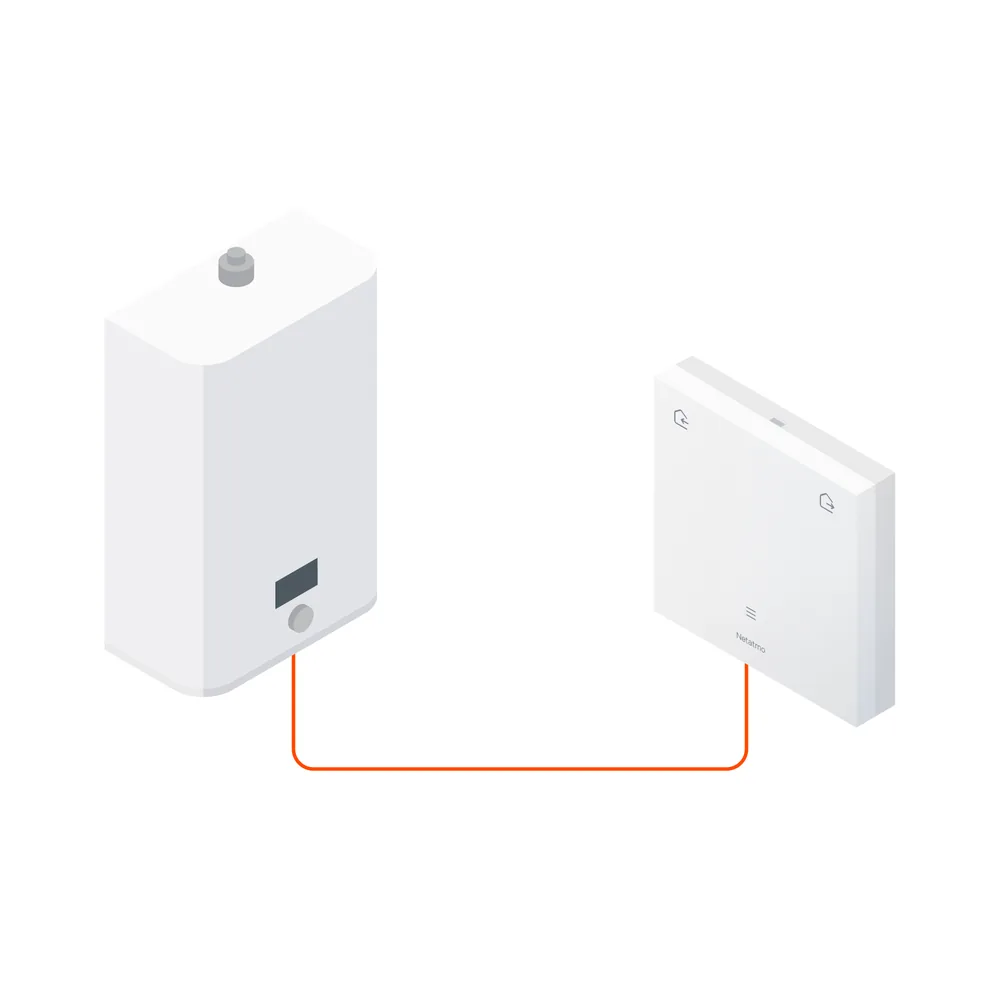 Schéma de l'installation filaire : la chaudière reliée au thermostat par un câble