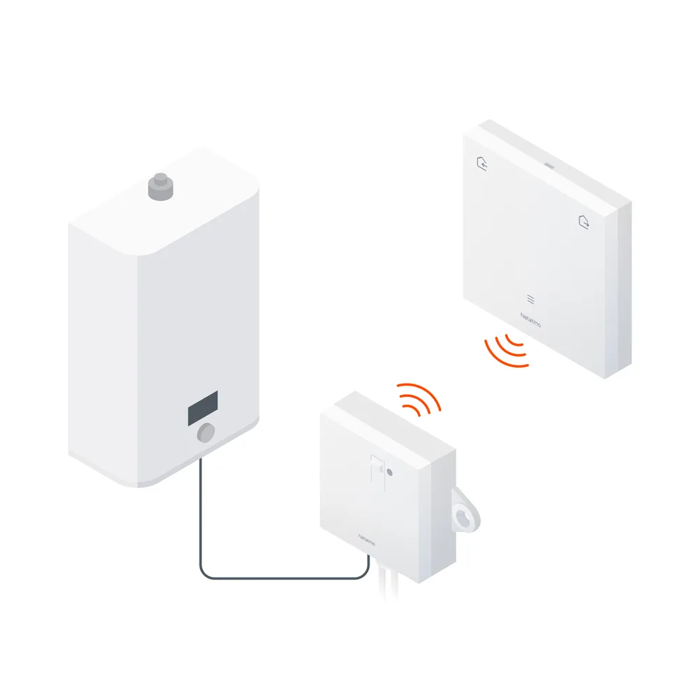 Schéma de l'installation sans fil : la chaudière, le relais et le thermostat sans câble entre eux