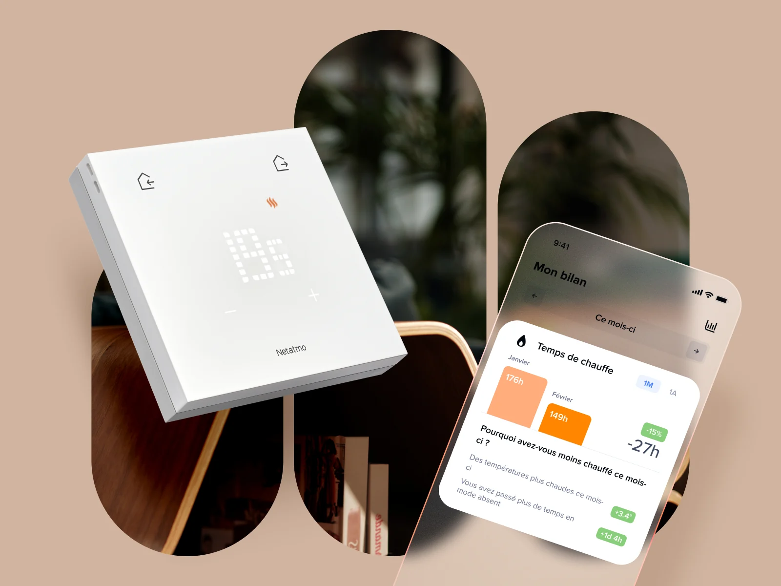 Le thermostat Netatmo et l'application sur smartphone, devant trois bandes arrondies montrant un intérieur
