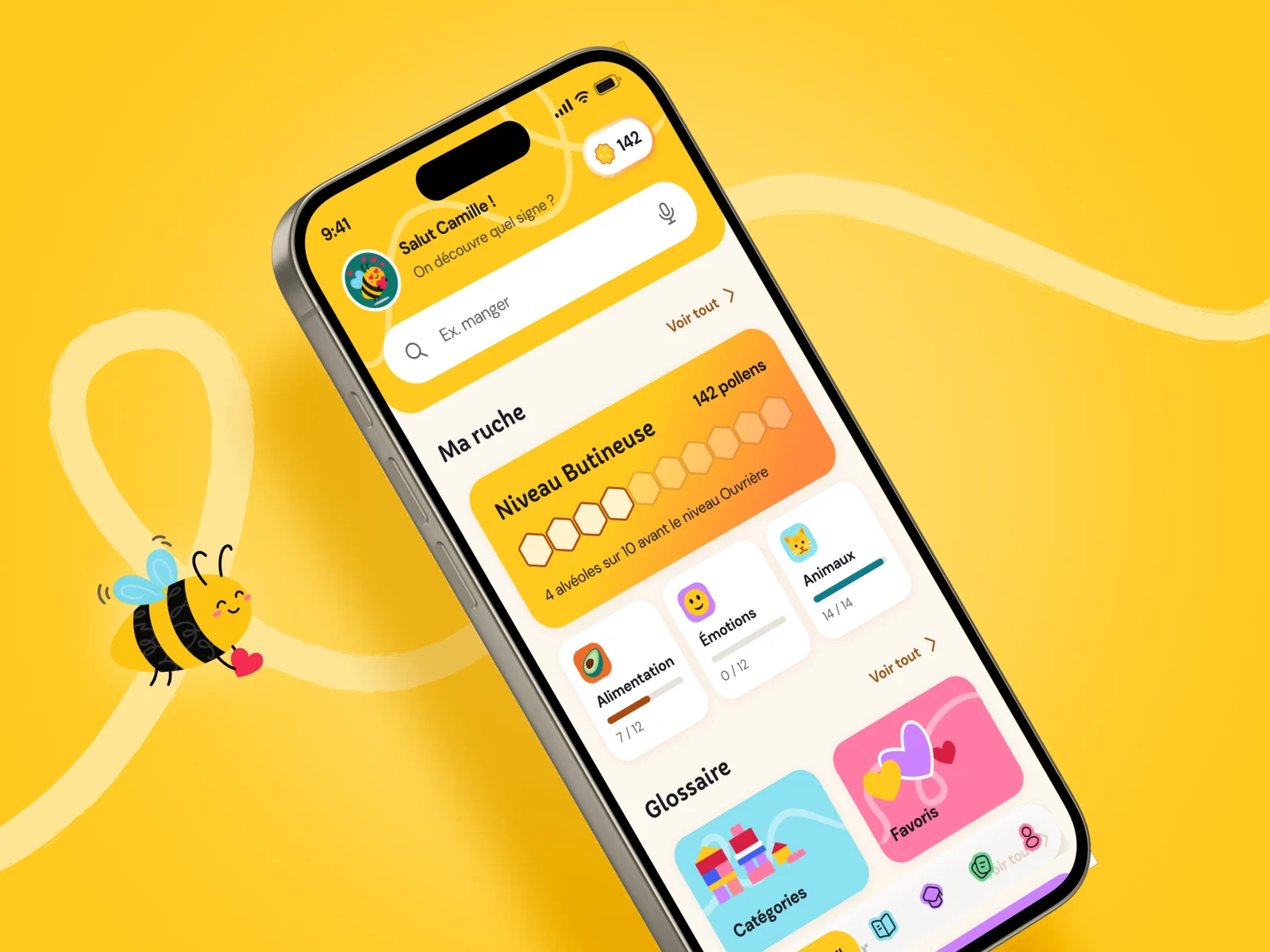 L'écran d'accueil de l'application Les Bambinets sur un iPhone, avec l'abeille mascotte, sur fond jaune