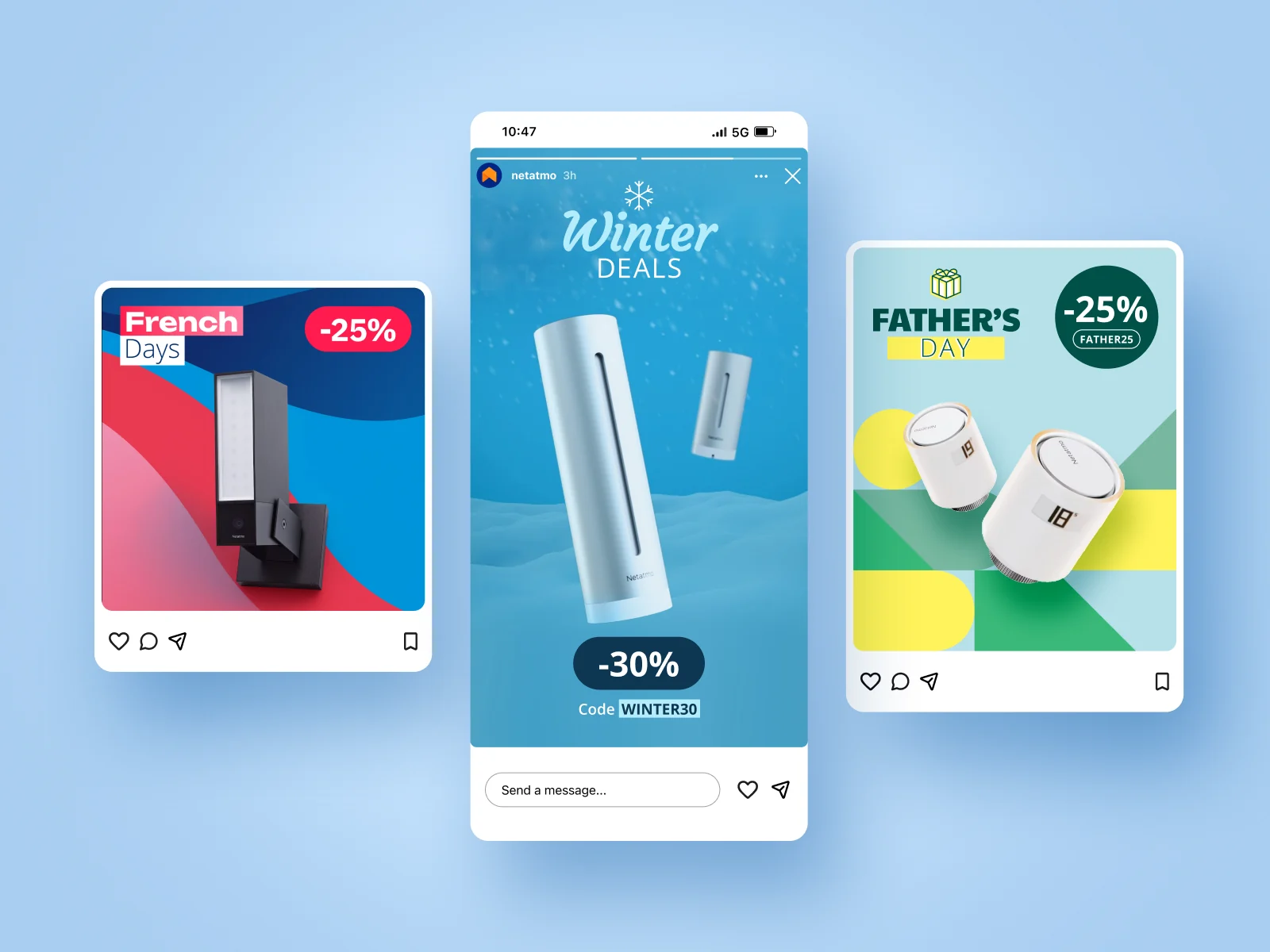 Une story et deux posts Instagram des temps forts Netatmo : Winter Deals, French Days et Fête des pères